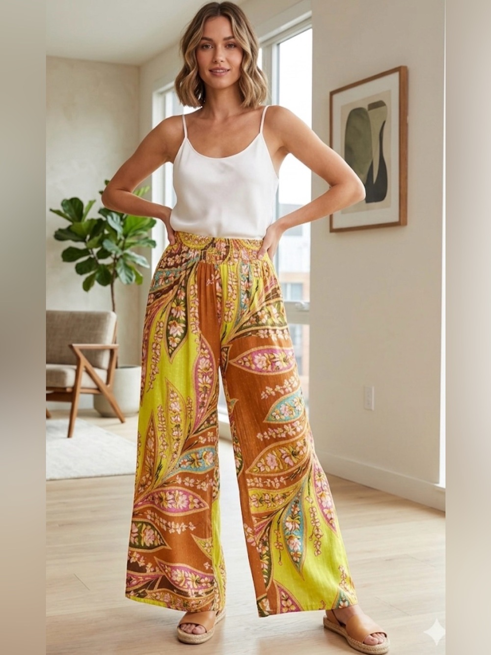 Bohemian Wide-Leg Pants in Yellow & Brown Paisley XL
